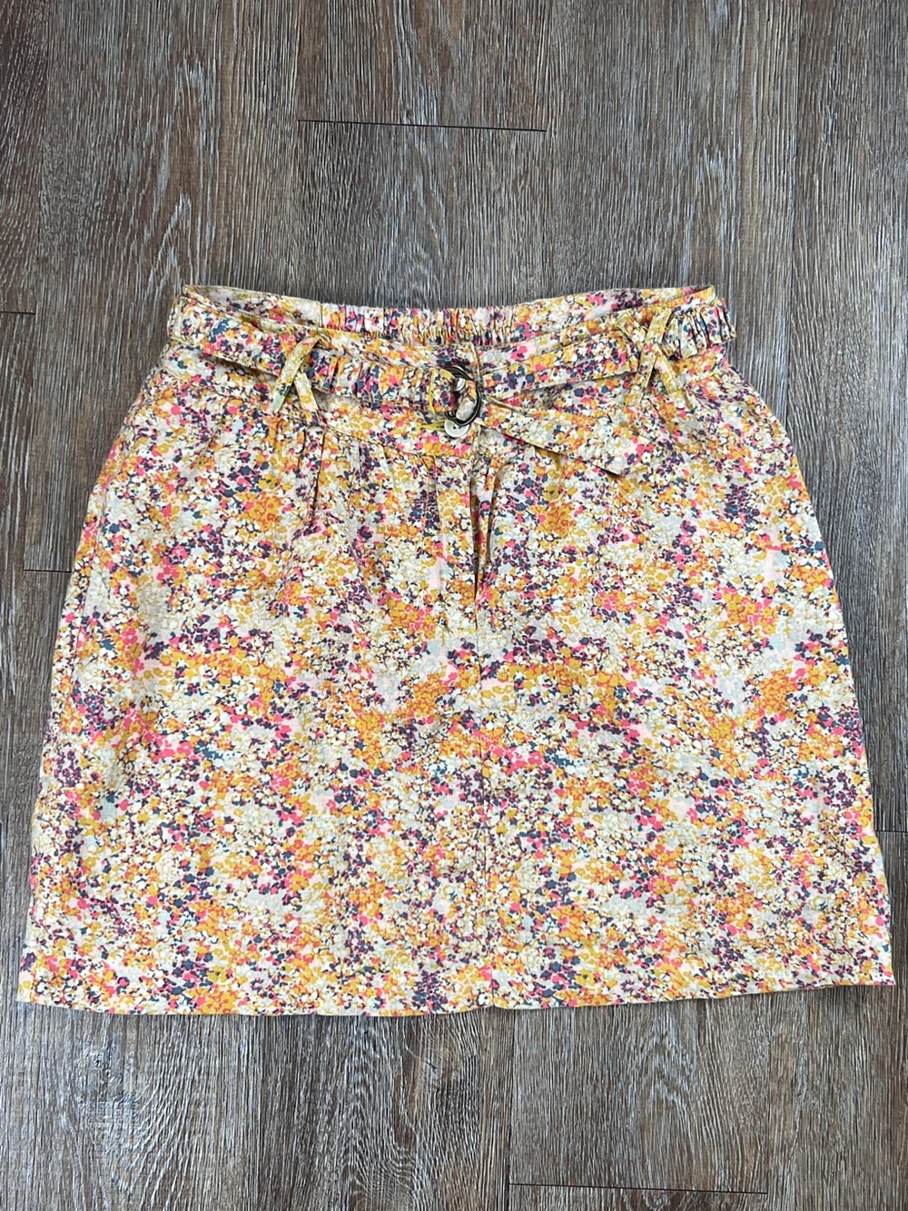 Kimchi Blue Floral Linen Paper Bag Mini Skirt Tie Belt Yellow Pink | Size: S